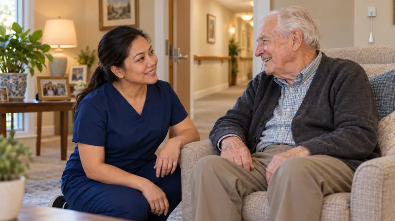 A home dialysis nurse kneels beside an older man in an armchair in his assisted living room.