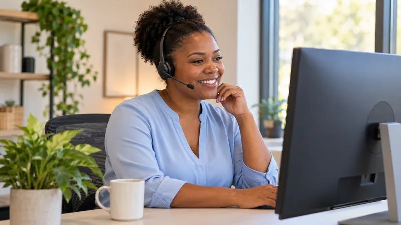 A smiling woman wearing a headset works at a computer in a bright office.