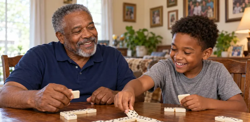 A grandfather and his grandson laugh while playing dominoes at the dining table.