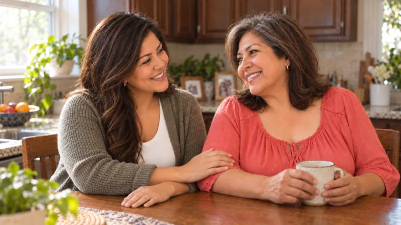 Una mujer mayor y una mujer más joven sonríen juntas en la mesa de la cocina, una con una taza de café.