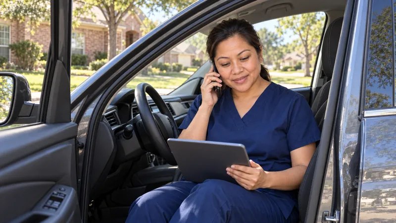 A home dialysis nurse sits in her car, talking on the phone and holding a tablet.